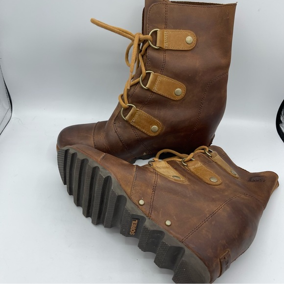 Sorel Joan of Arctic Wedge brown Waterproof Leather Boots Size 8 Lace Up - Picture 4 of 5